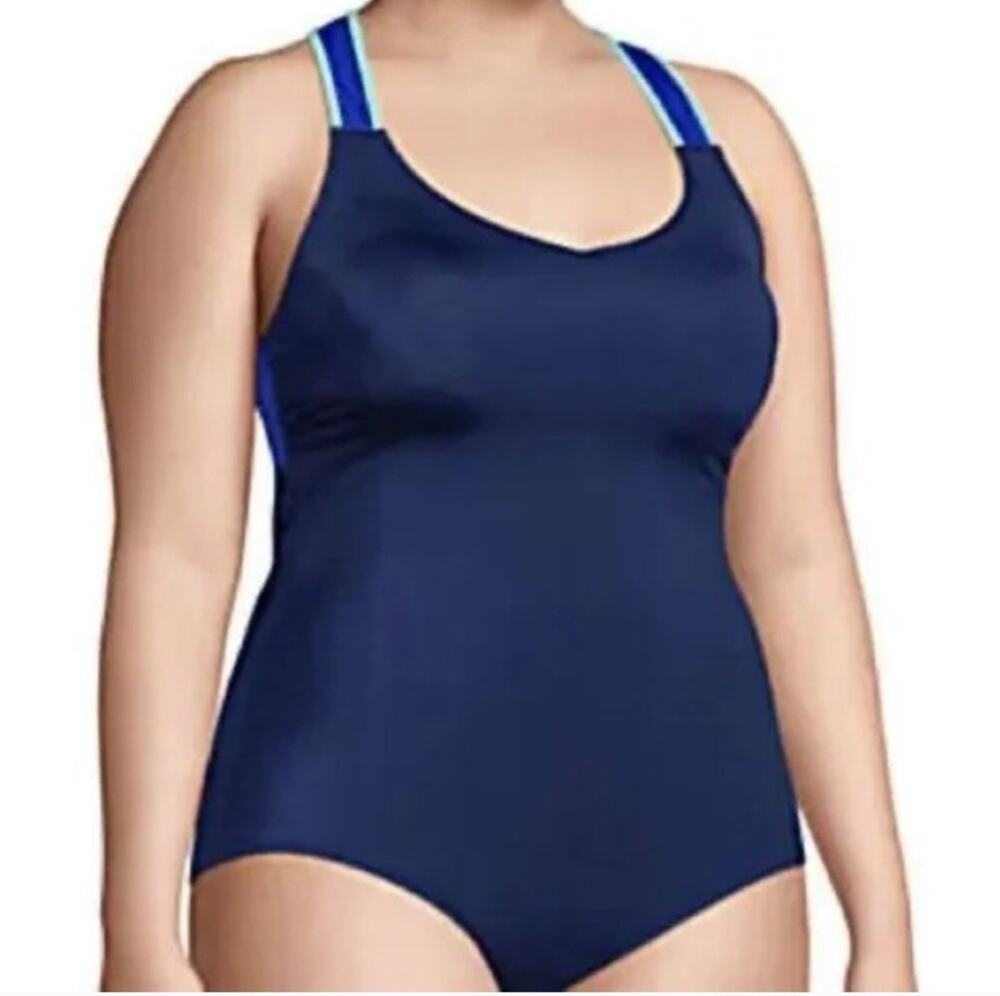 Lands' End Navy Royal Blue One Piece Racerback Modest Swimsuit 14L. .